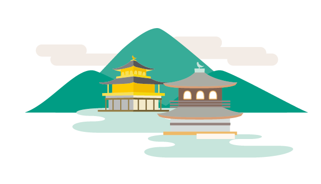 イラスト_京都の金閣寺、山、銀閣寺のイラストが描かれている