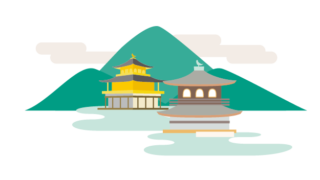 イラスト_京都の金閣寺、山、銀閣寺のイラストが描かれている